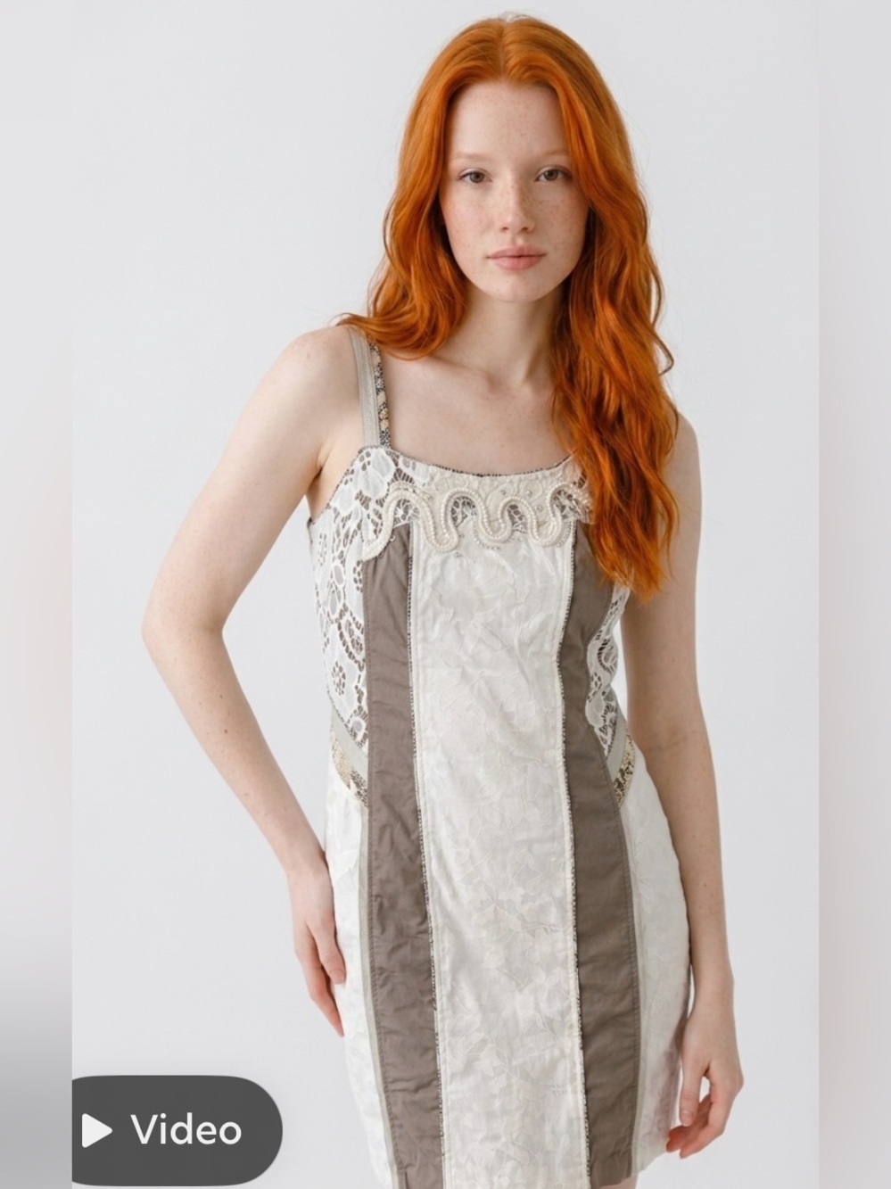 Leslie Lace Panel Cocktail cotton Dress in Ivory and Taupe. Little beading.
